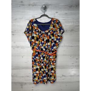 AB Studio Dress Womens 12 Blue Orange Abstract Print Short Sleeve Belted Lined‎